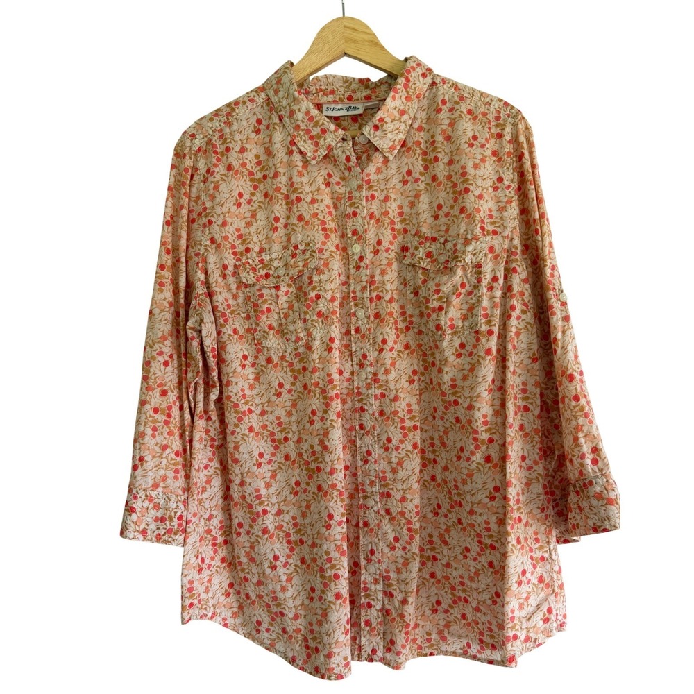 St Johns Bay Womens XL Cotton Button Down Shirt 3/4 Roll Tab Sleeve Floral Berry